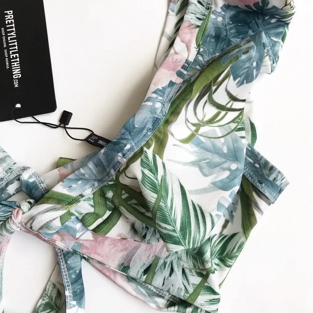 Pretty little thing pale khaki leafy swim top 10 - Picture 6 of 10